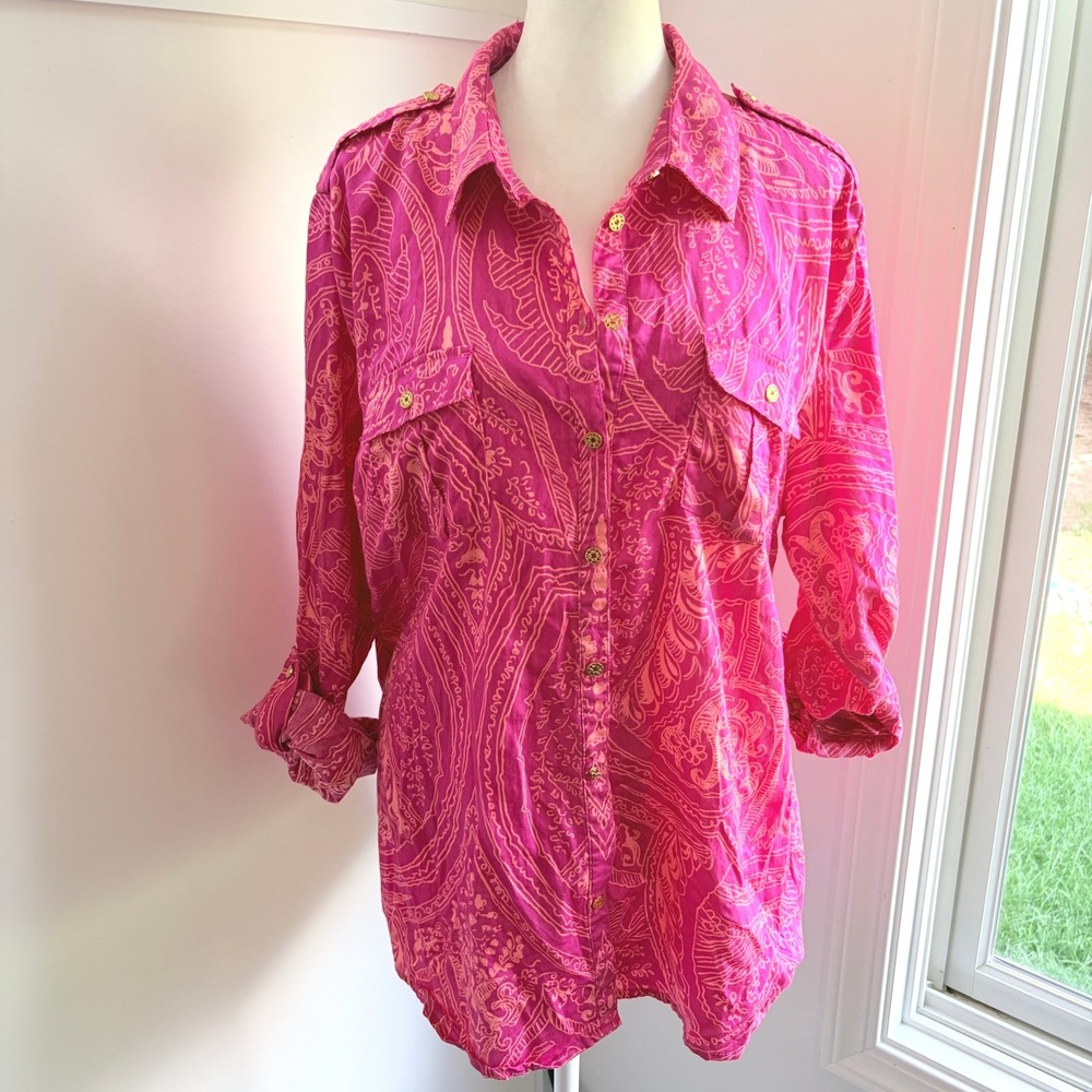 Jaclyn Smith Cotton‎ Button Down XL Boho Pink Orange Paisley Utility Shirt Top